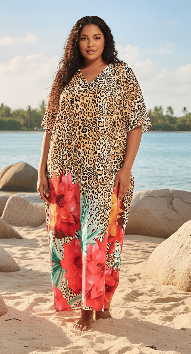 Leopard print plus size kaftan with red hibiscus floral border and kimono sleeves