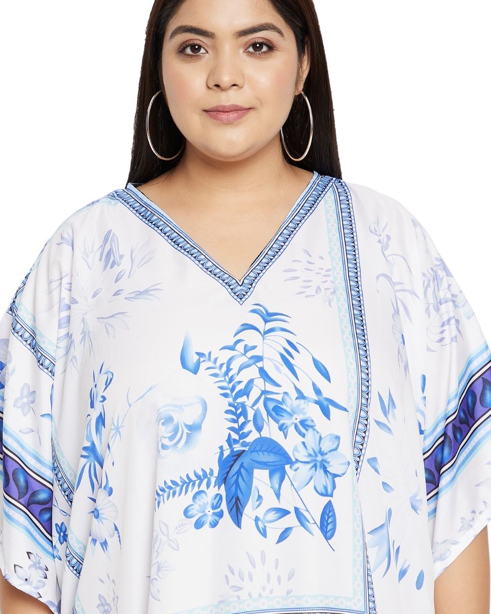 Polyester White Floral Pattern Plus Size Kimono Kaftan For Women