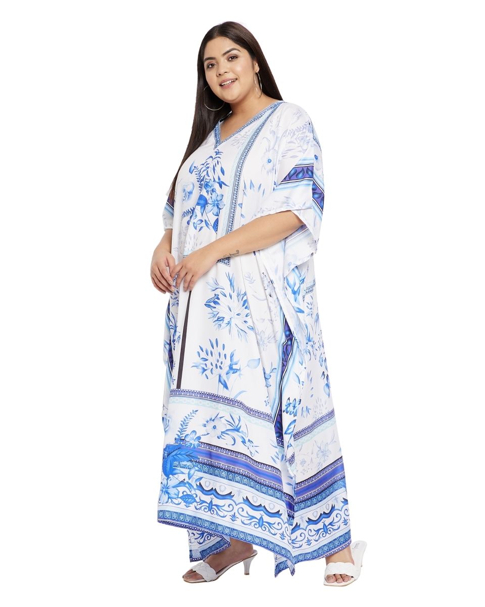 Polyester White Floral Pattern Plus Size Kimono Kaftan For Women