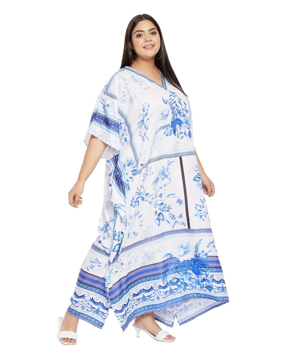 Polyester White Floral Pattern Plus Size Kimono Kaftan For Women