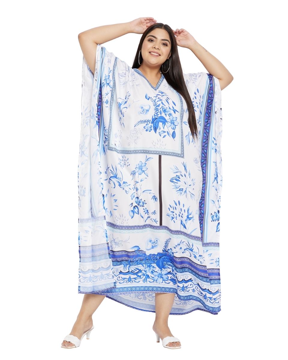 Polyester White Floral Pattern Plus Size Kimono Kaftan For Women