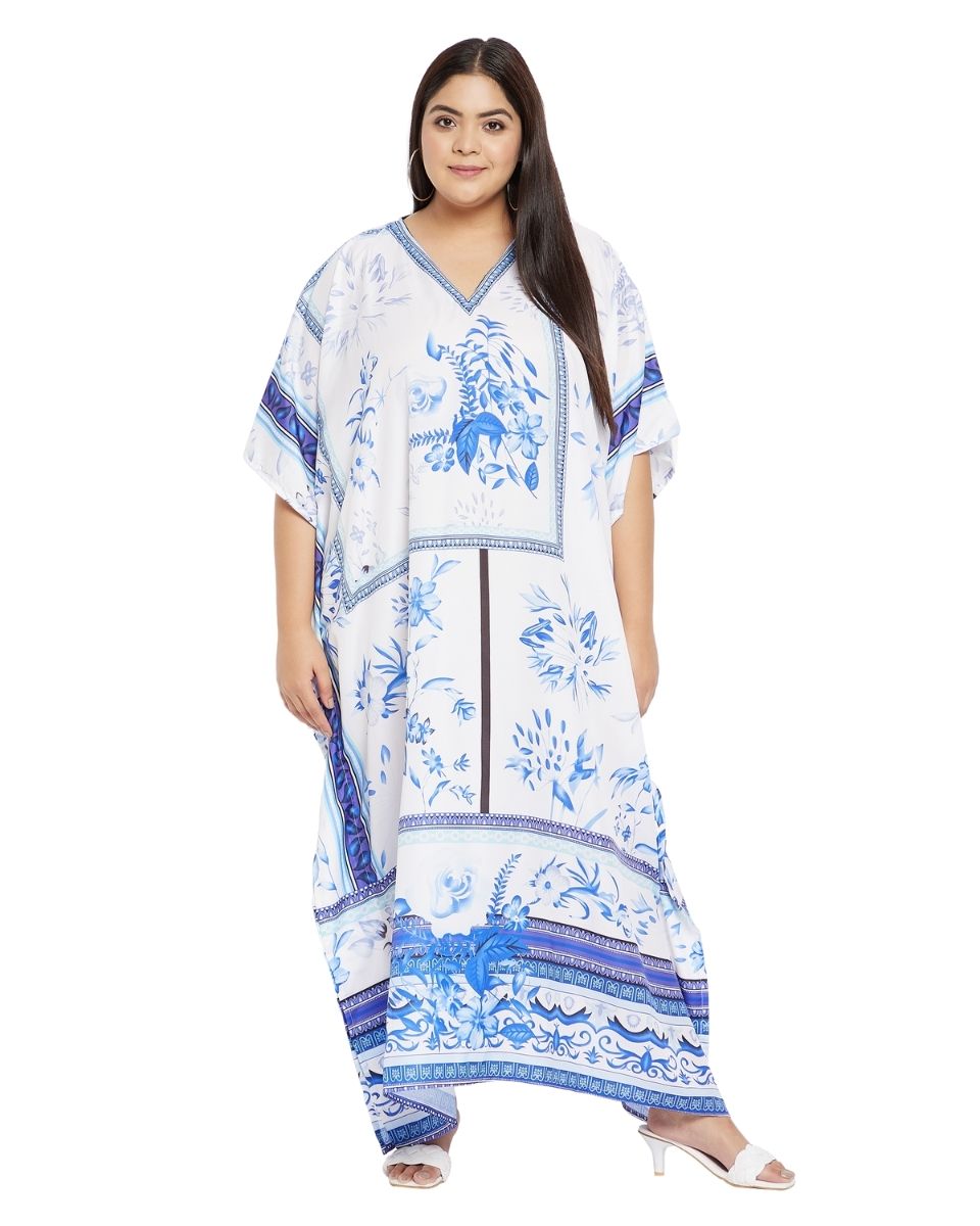 Polyester White Floral Pattern Plus Size Kimono Kaftan For Women