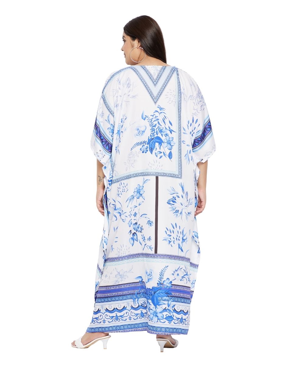 Polyester White Floral Pattern Plus Size Kimono Kaftan For Women