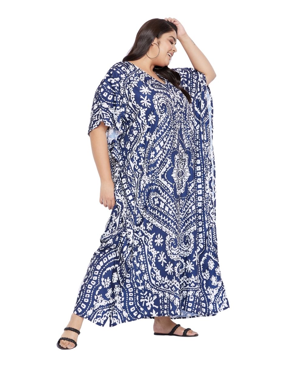 Paisley Blue pattern V-Neck Kimono Kaftan For Plus Size Women