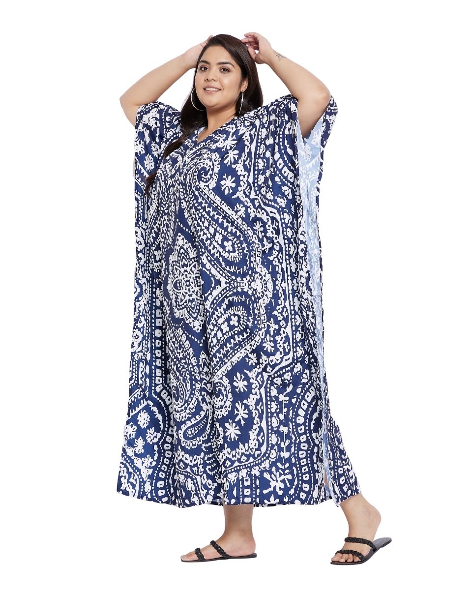 Paisley Blue pattern V-Neck Kimono Kaftan For Plus Size Women