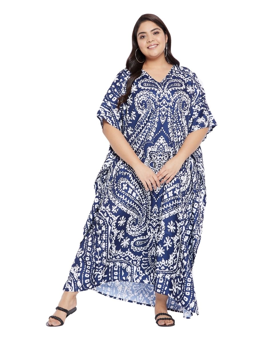 Paisley Blue pattern V-Neck Kimono Kaftan For Plus Size Women