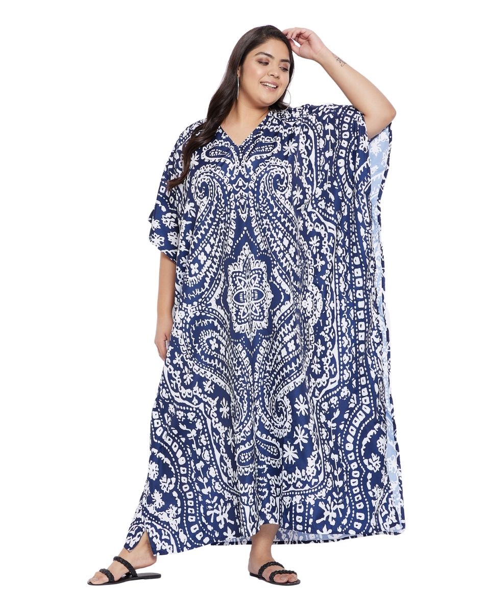 Paisley Blue pattern V-Neck Kimono Kaftan For Plus Size Women