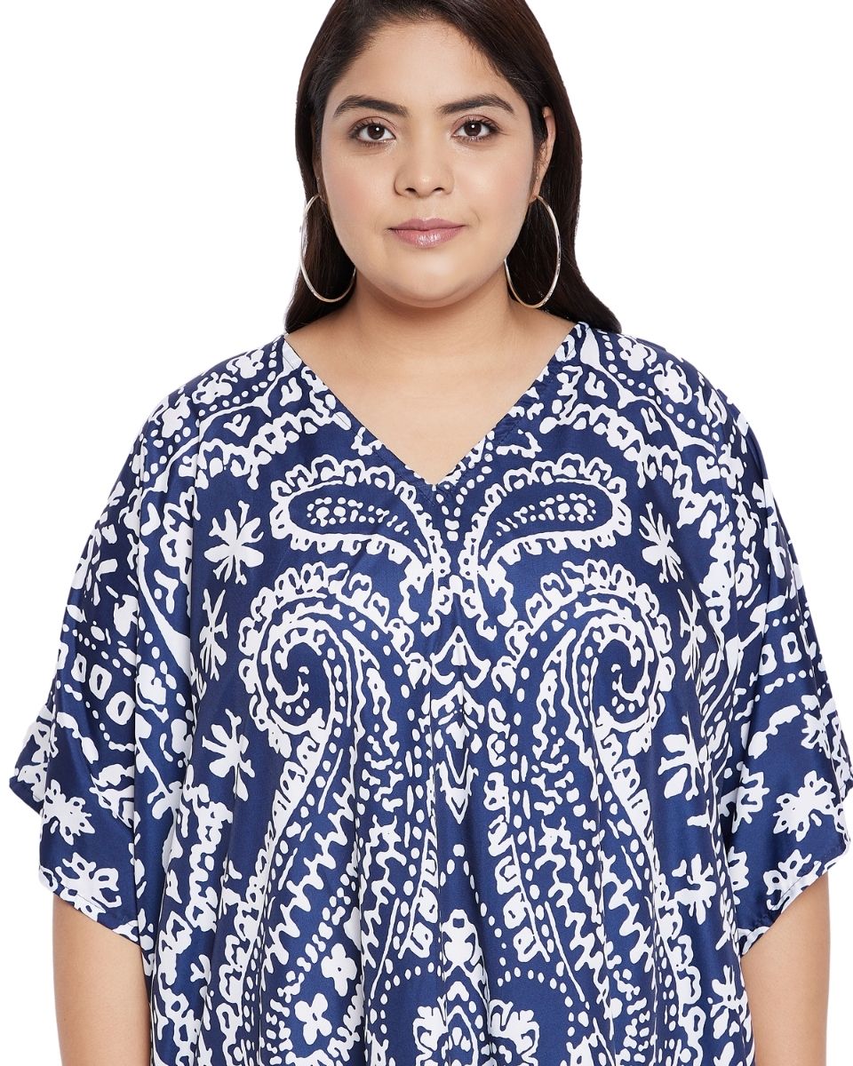 Paisley Blue pattern V-Neck Kimono Kaftan For Plus Size Women