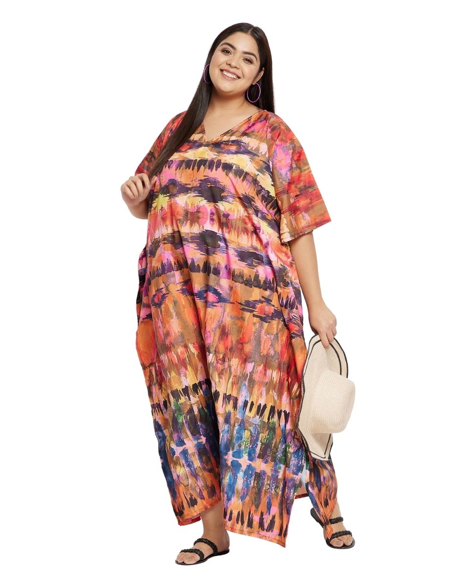 Kimono Gown Multicolor Abstract Polyester Plus Size Kaftan For Women