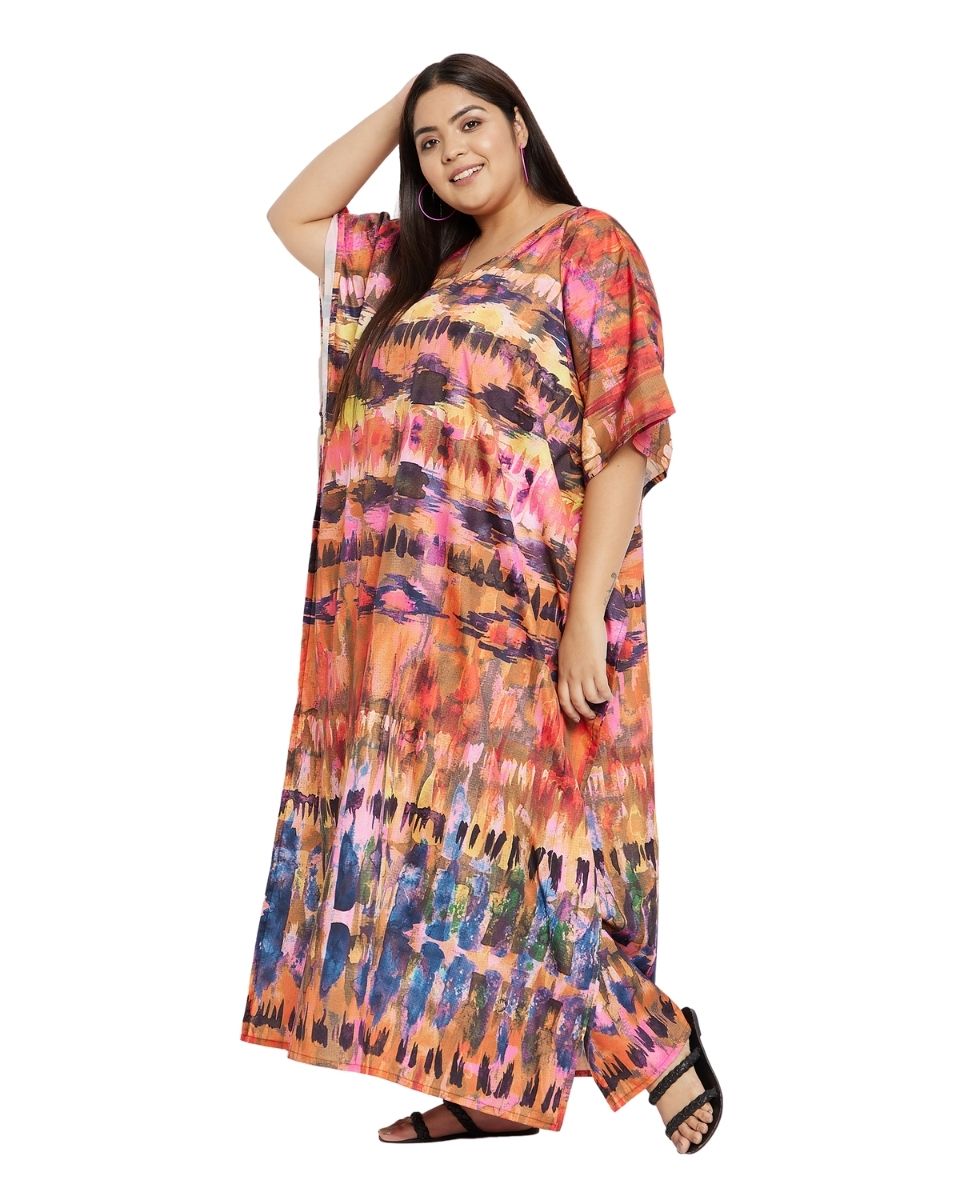 Kimono Gown Multicolor Abstract Polyester Plus Size Kaftan For Women