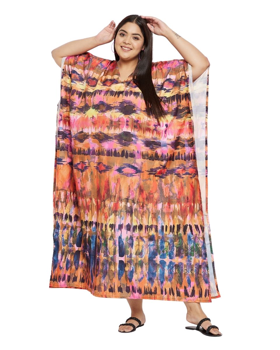 Kimono Gown Multicolor Abstract Polyester Plus Size Kaftan For Women