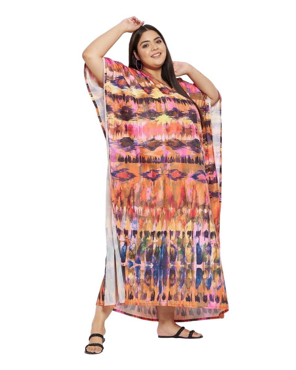 Kimono Gown Multicolor Abstract Polyester Plus Size Kaftan For Women