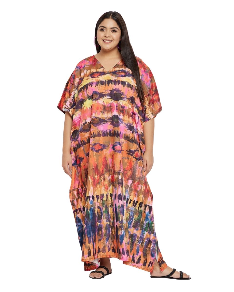 Kimono Gown Multicolor Abstract Polyester Plus Size Kaftan For Women