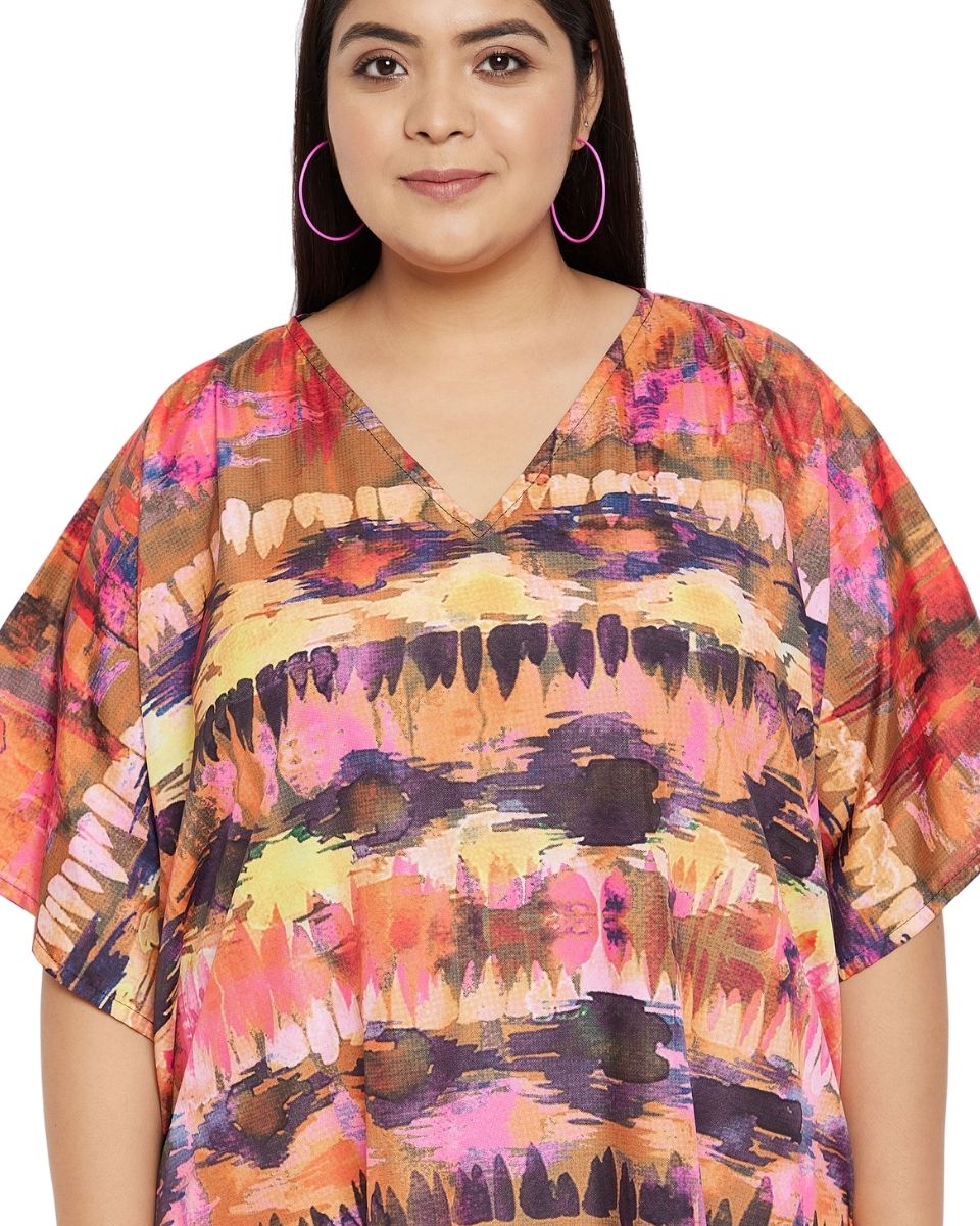 Kimono Gown Multicolor Abstract Polyester Plus Size Kaftan For Women