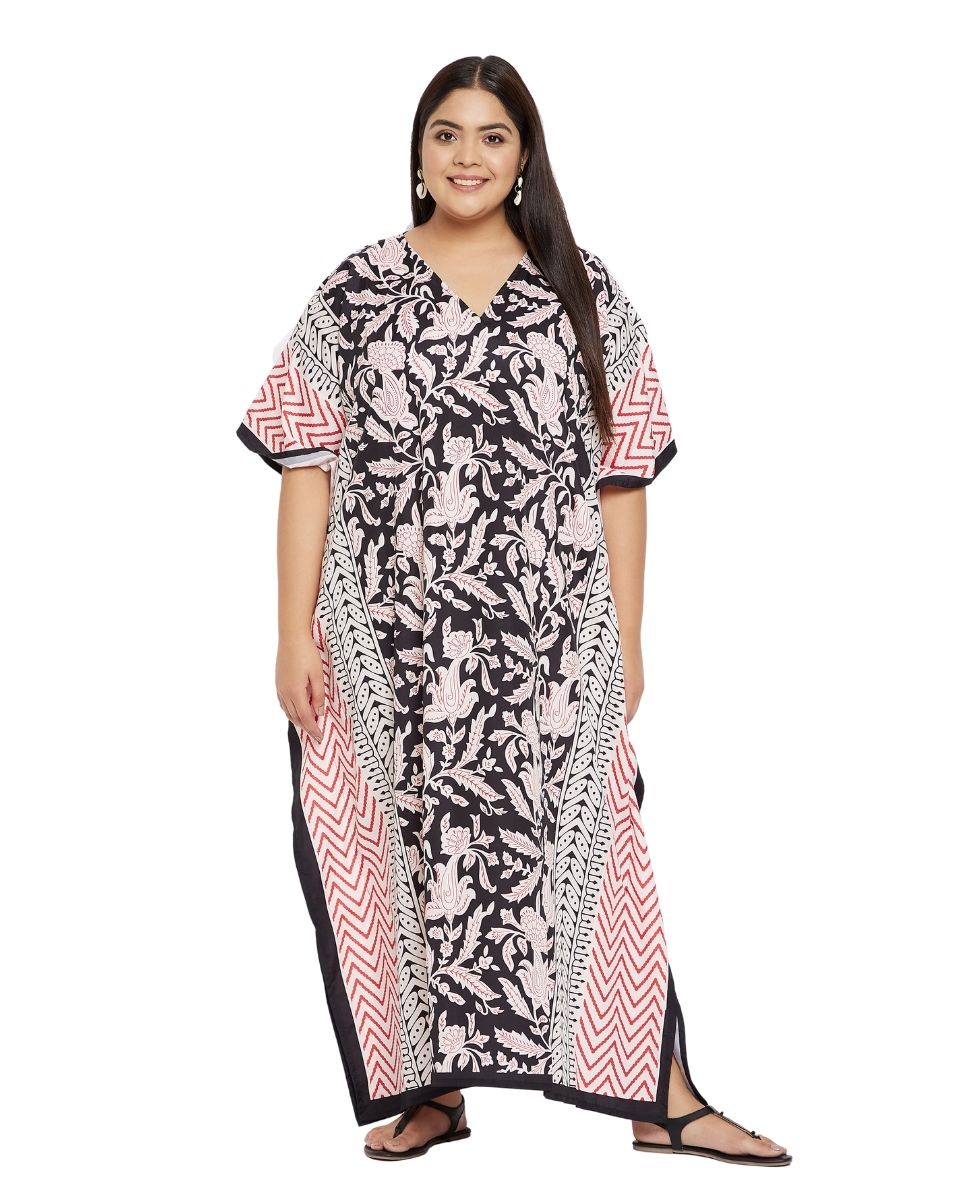 V-Neck Kimono Sleeve Kaftan Black Floral Pattern For Plus Size Women