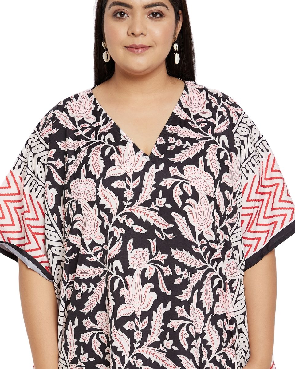 V-Neck Kimono Sleeve Kaftan Black Floral Pattern For Plus Size Women