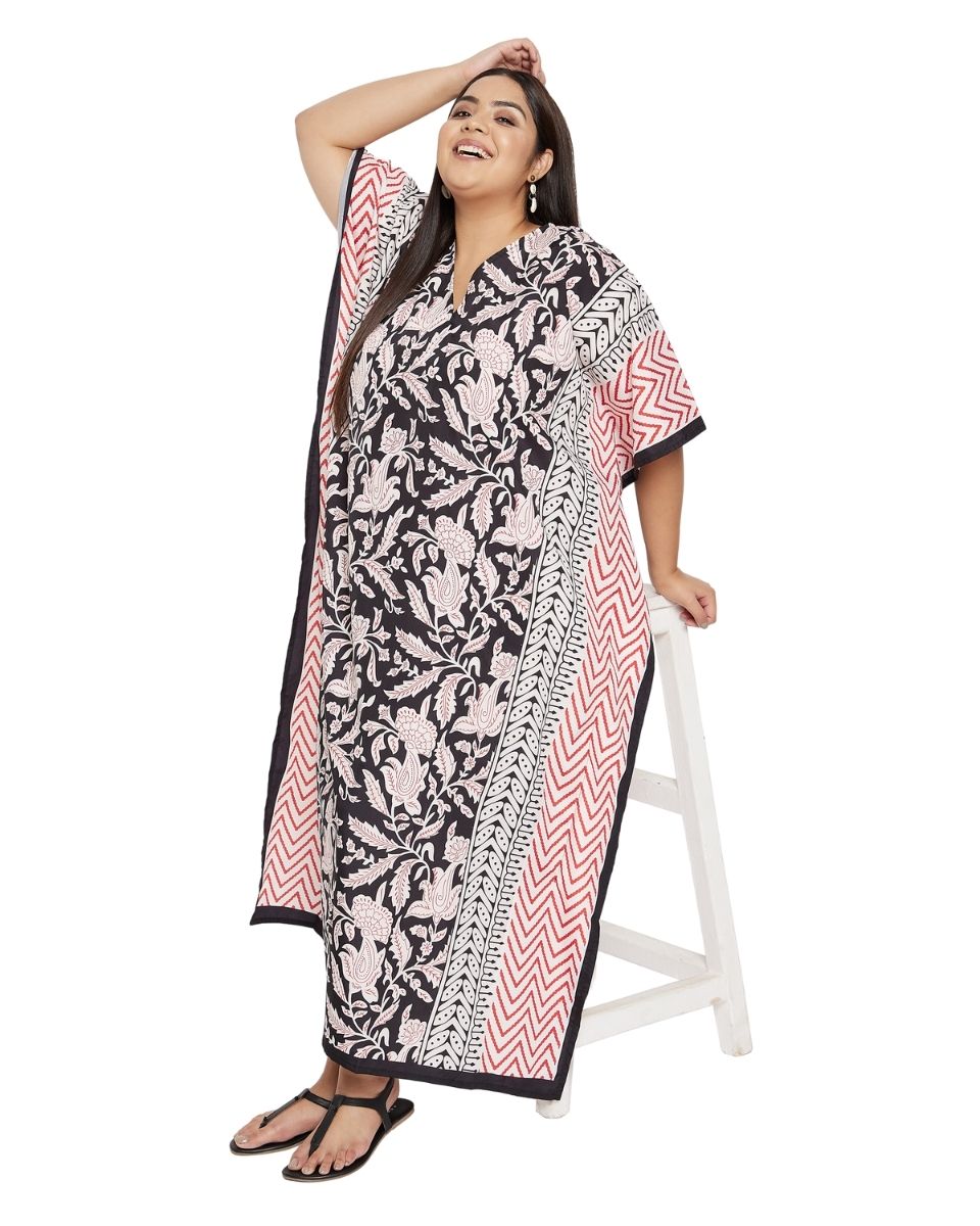 V-Neck Kimono Sleeve Kaftan Black Floral Pattern For Plus Size Women