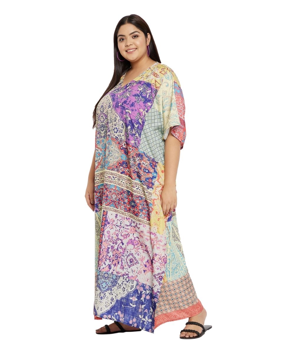 V-Neck Kimono Polyester Kaftan Multicolor Floral Pattern For Women