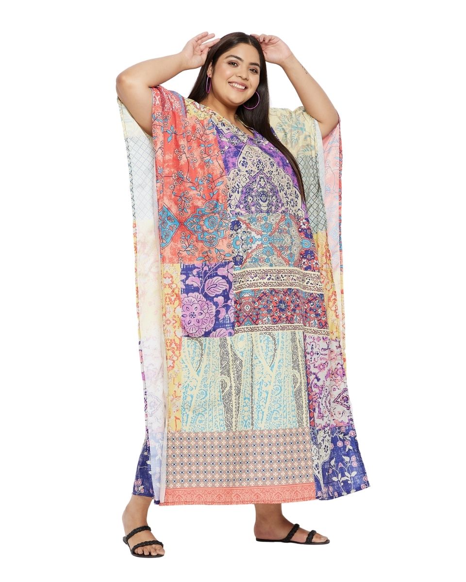 V-Neck Kimono Polyester Kaftan Multicolor Floral Pattern For Women