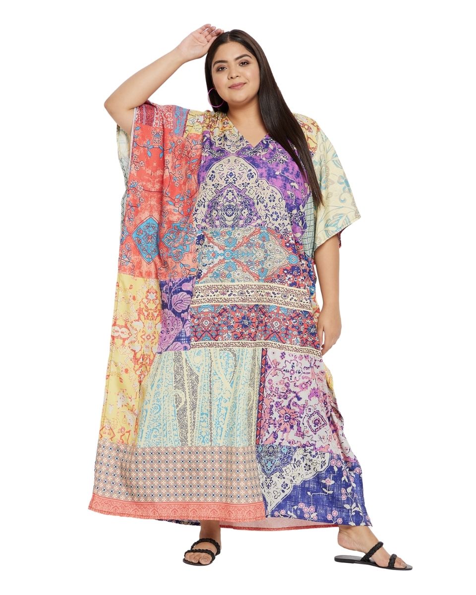 V-Neck Kimono Polyester Kaftan Multicolor Floral Pattern For Women