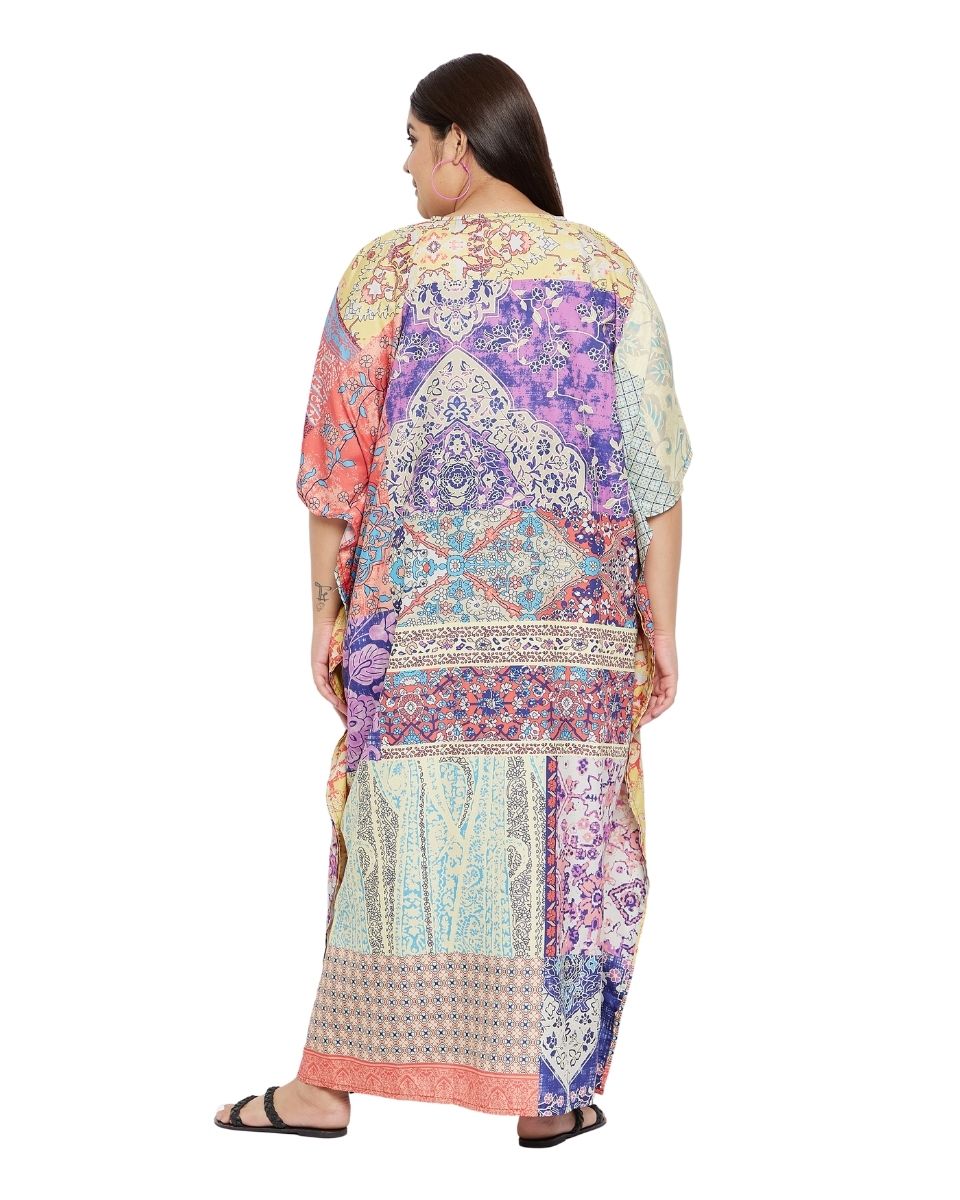 V-Neck Kimono Polyester Kaftan Multicolor Floral Pattern For Women