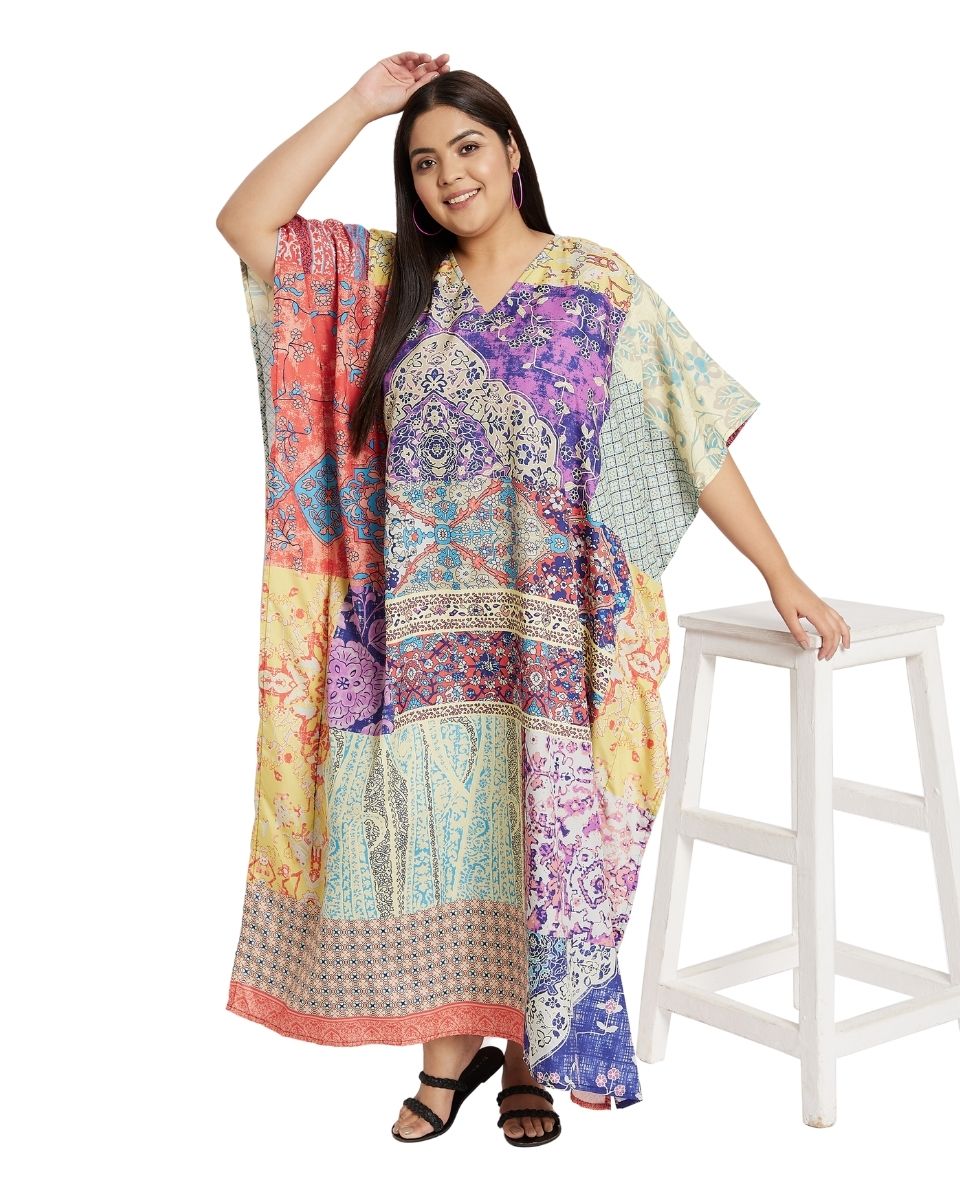 V-Neck Kimono Polyester Kaftan Multicolor Floral Pattern For Women