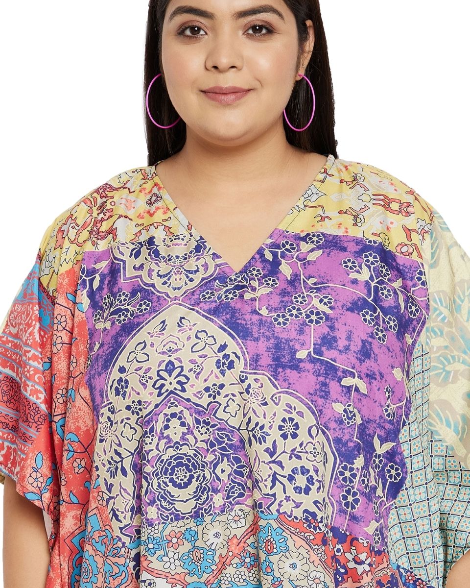 V-Neck Kimono Polyester Kaftan Multicolor Floral Pattern For Women