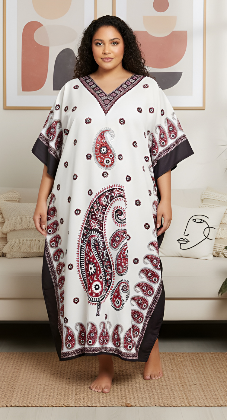 GypsieBlu Ivory & Burgundy Polyester Plus Size Kaftan for Women V-Neck 1X-3X - Paisley Medallion Dot Print