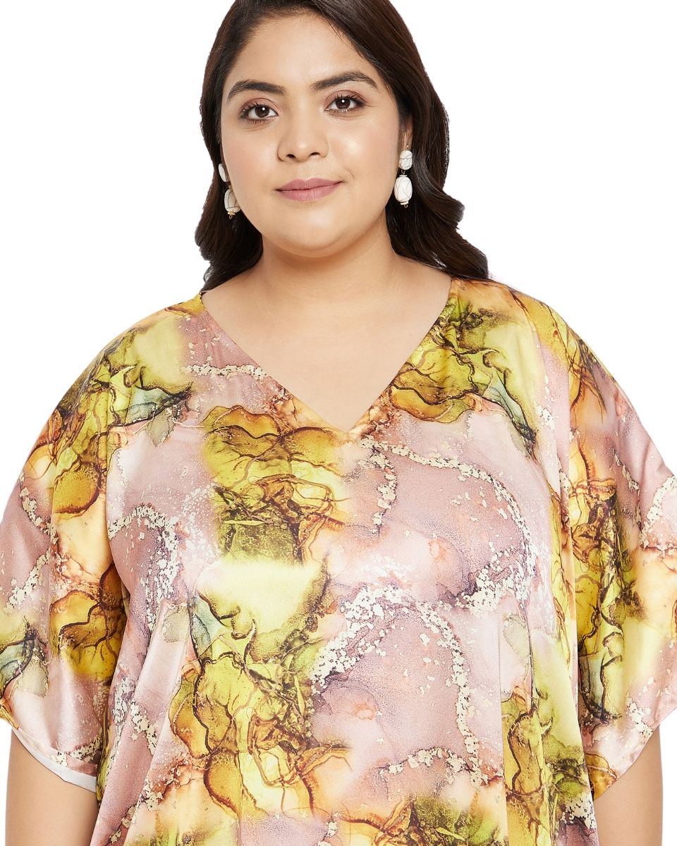 Yellow Abstract Kimono Sleeve Plus Size Polyester Kaftan For Women