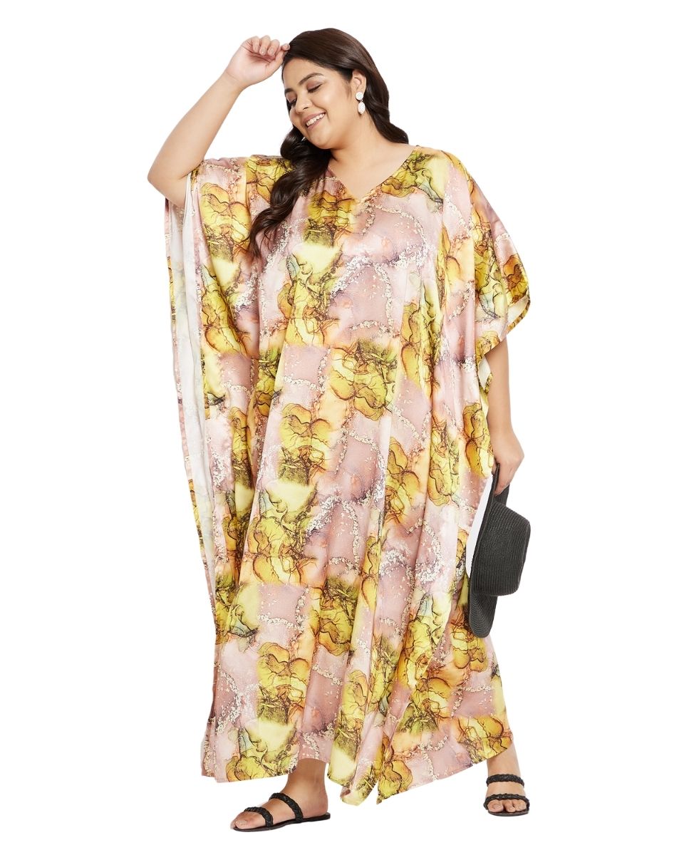 Yellow Abstract Kimono Sleeve Plus Size Polyester Kaftan For Women