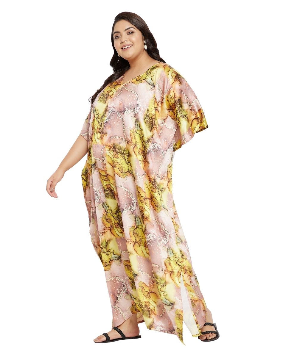 Yellow Abstract Kimono Sleeve Plus Size Polyester Kaftan For Women