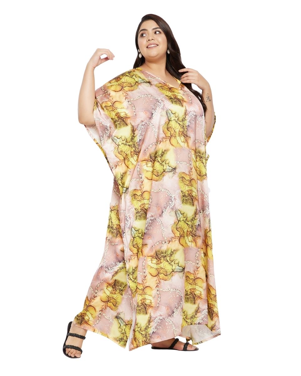 Yellow Abstract Kimono Sleeve Plus Size Polyester Kaftan For Women