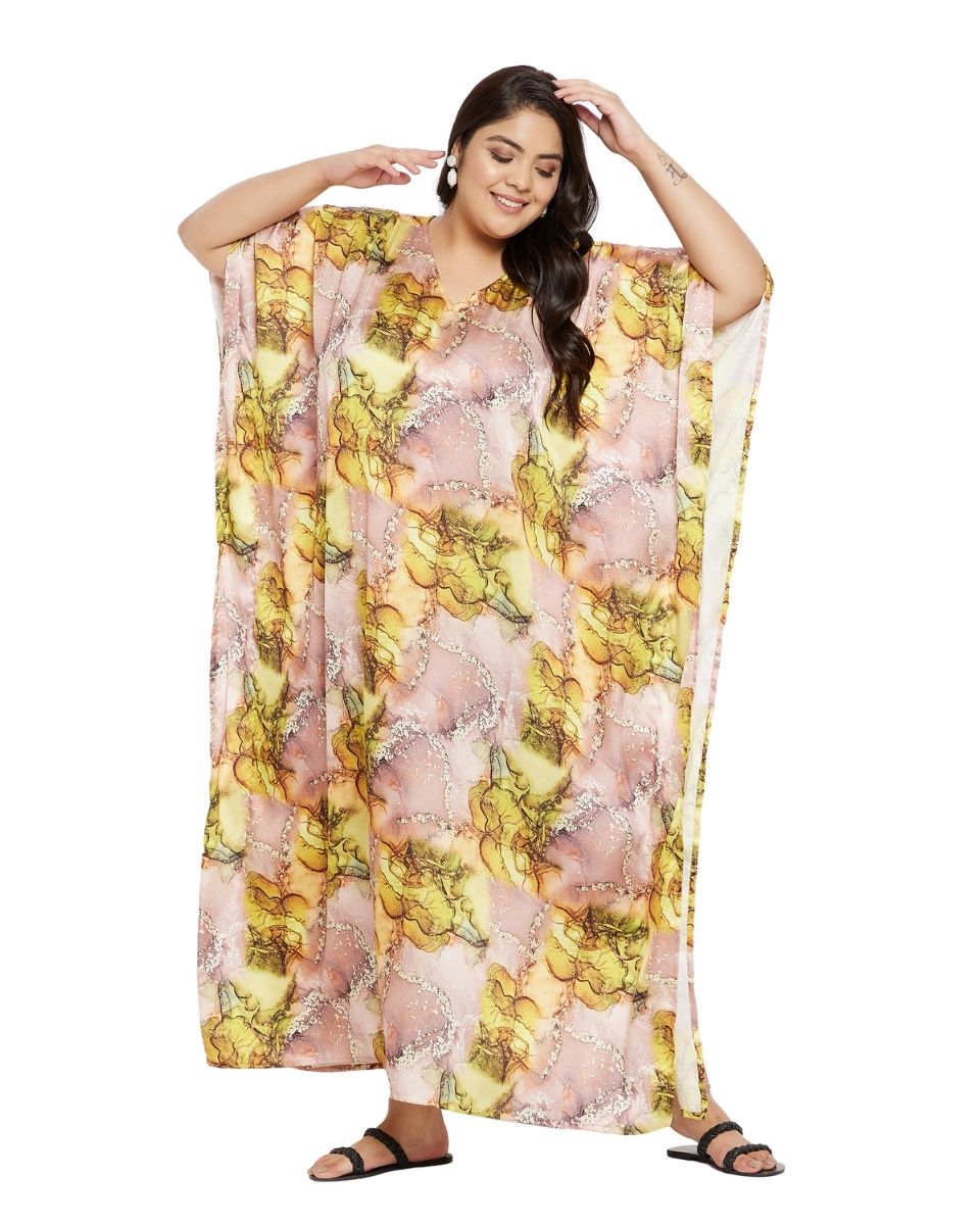 Yellow Abstract Kimono Sleeve Plus Size Polyester Kaftan For Women