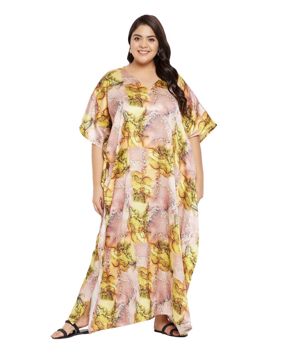 Yellow Abstract Kimono Sleeve Plus Size Polyester Kaftan For Women