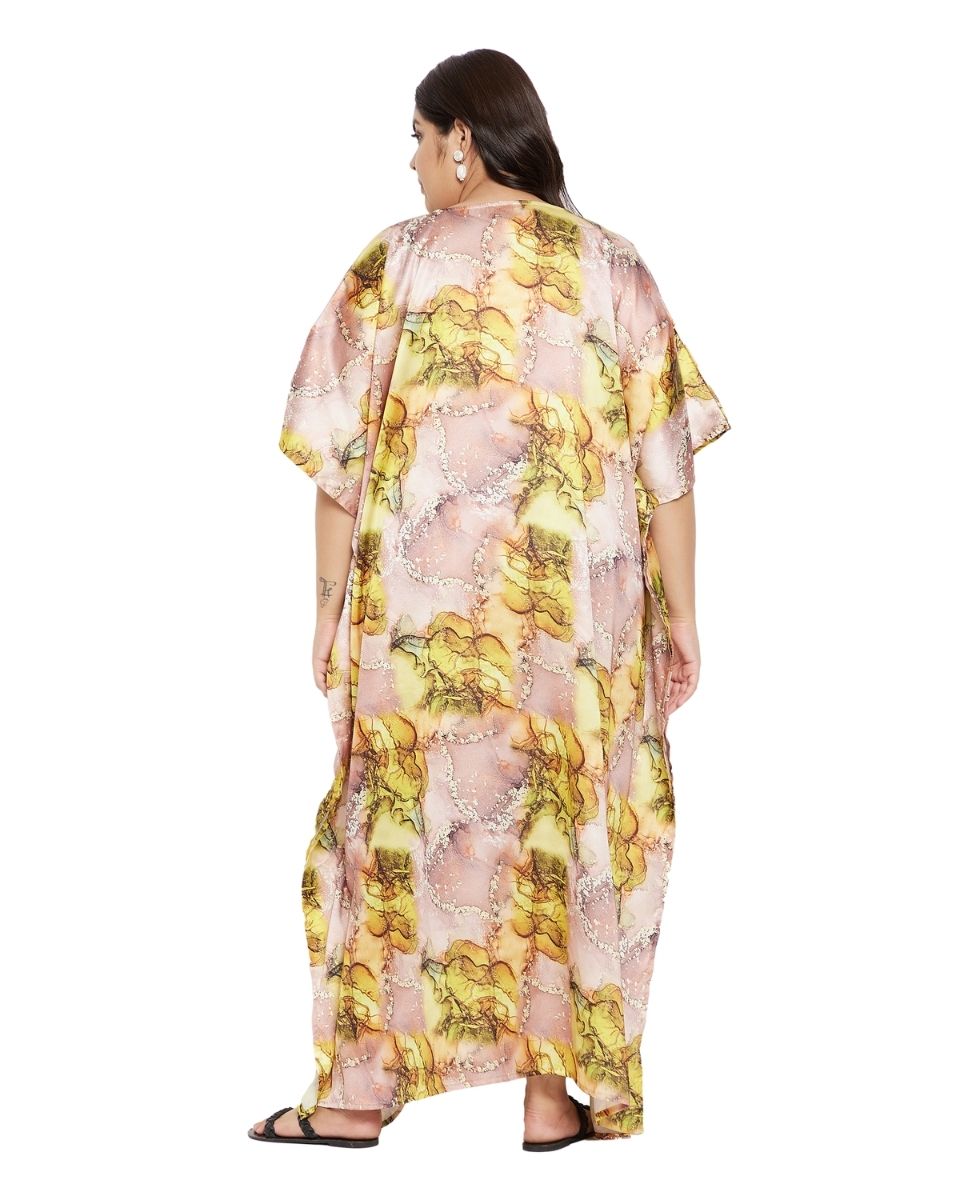 Yellow Abstract Kimono Sleeve Plus Size Polyester Kaftan For Women