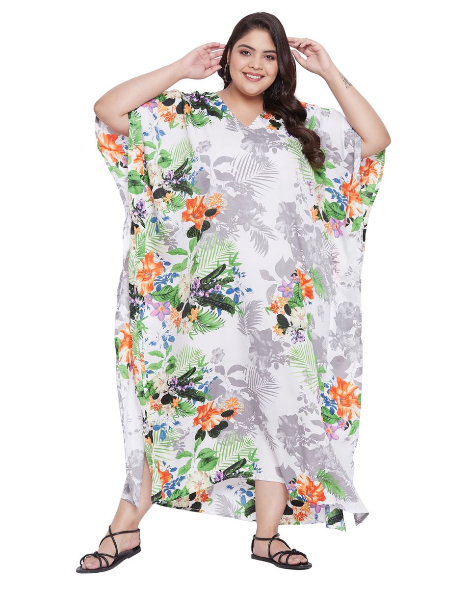 Floral Printed Multicolor Plus Size Polyester Kaftan Dress For Women