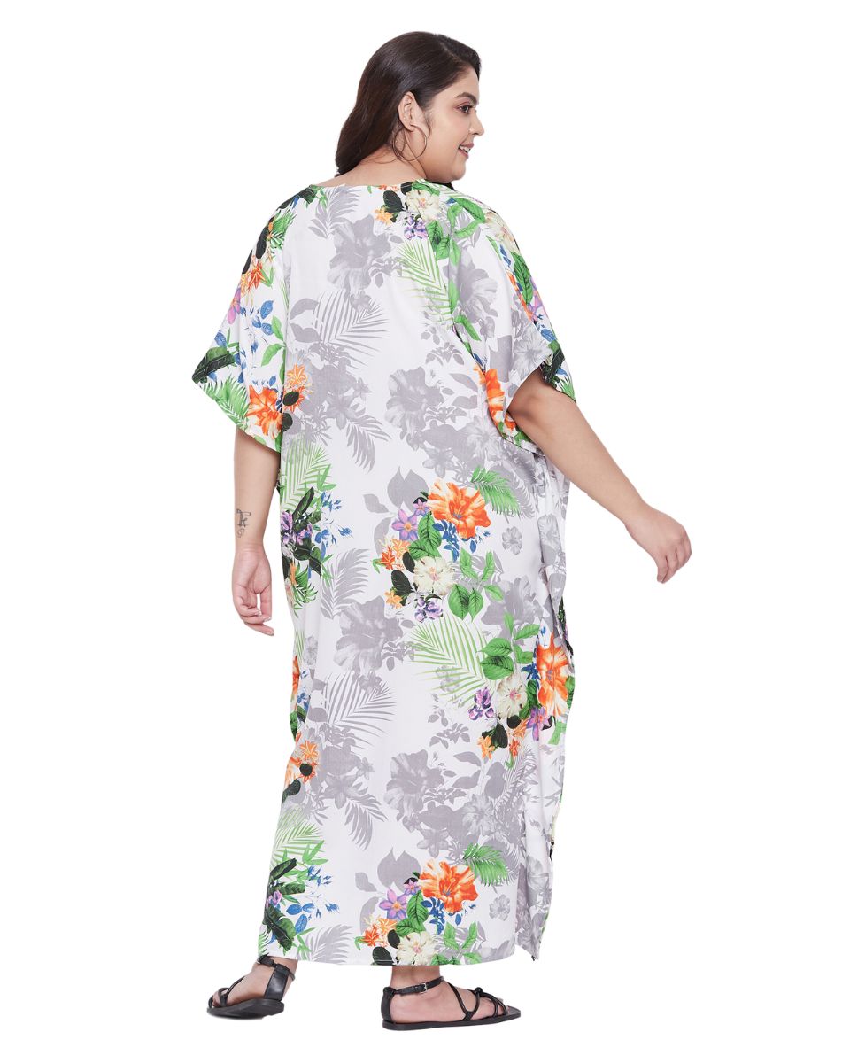 Floral Printed Multicolor Plus Size Polyester Kaftan Dress For Women