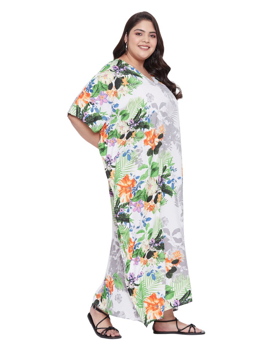 Floral Printed Multicolor Plus Size Polyester Kaftan Dress For Women