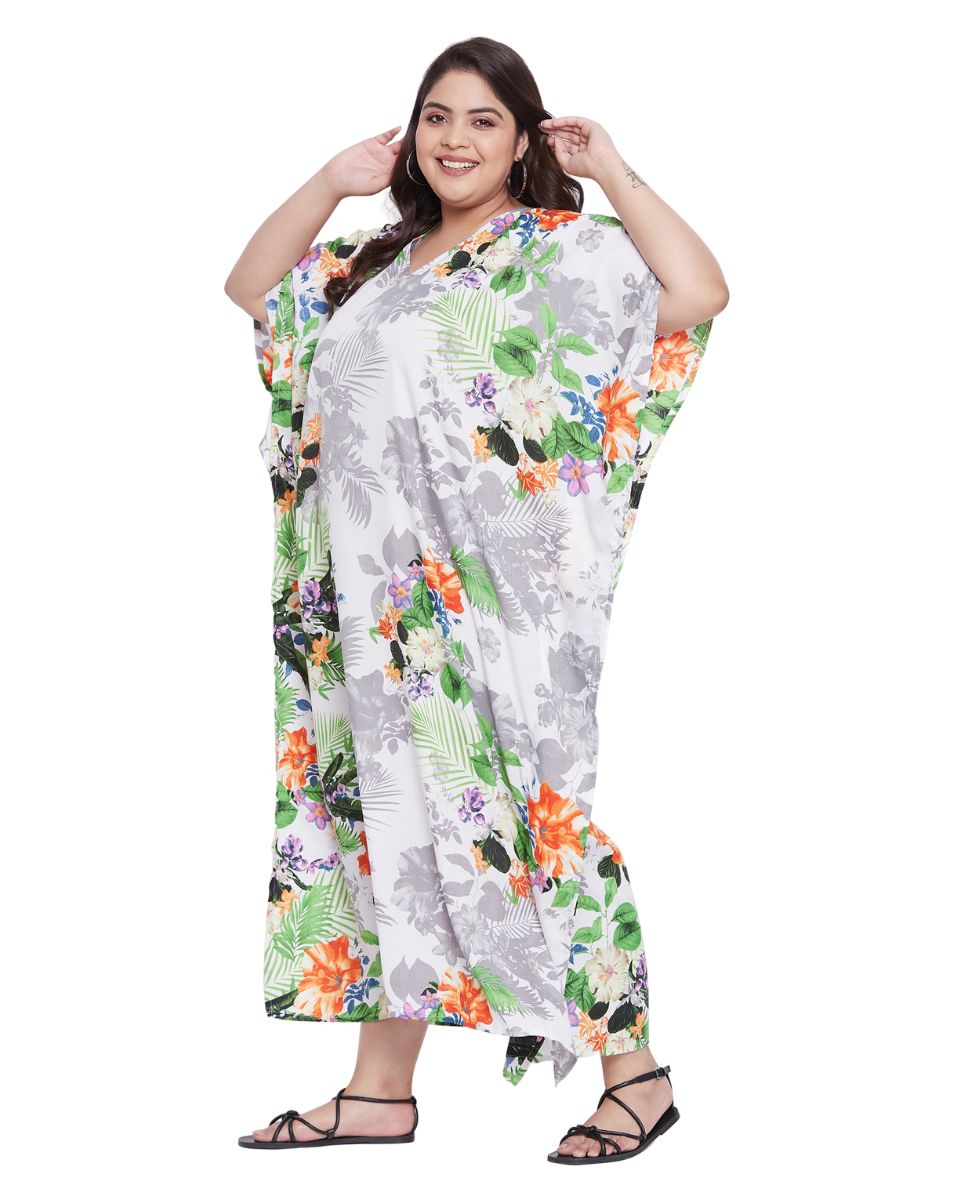 Floral Printed Multicolor Plus Size Polyester Kaftan Dress For Women