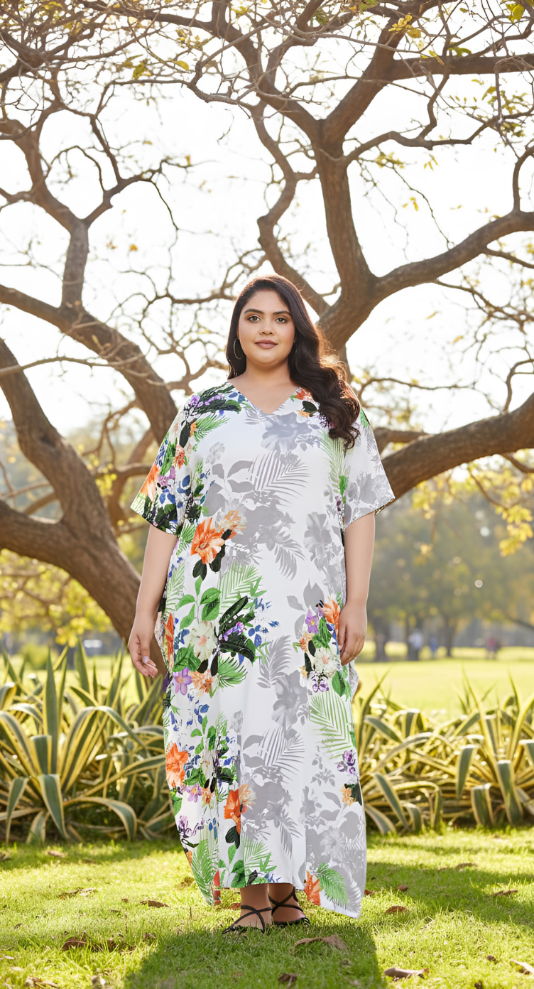 Floral Printed Multicolor Plus Size Polyester Kaftan Dress For Women