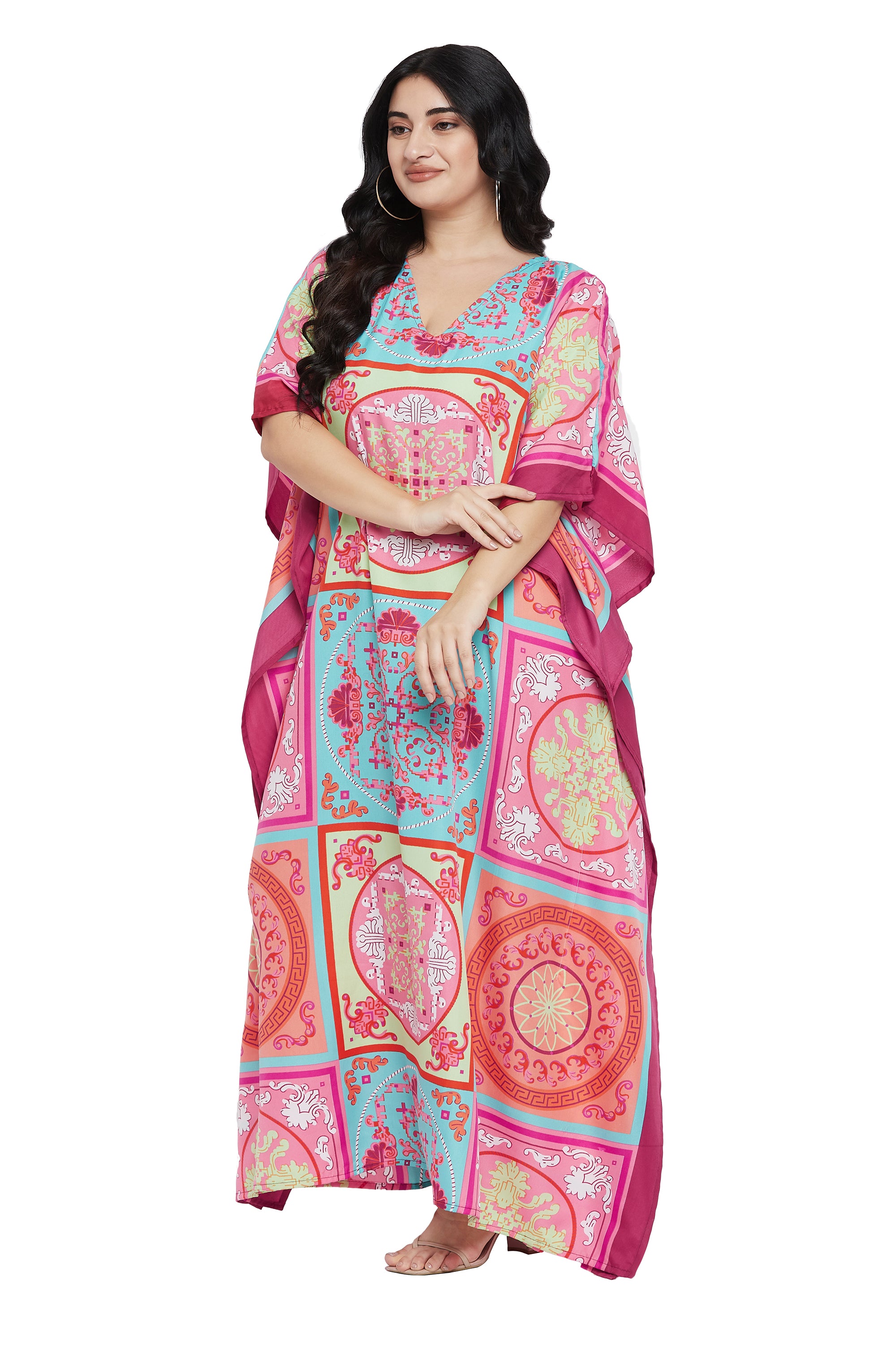 Floral Printed Pink Plus Size Polyester Kaftan Dress For Women