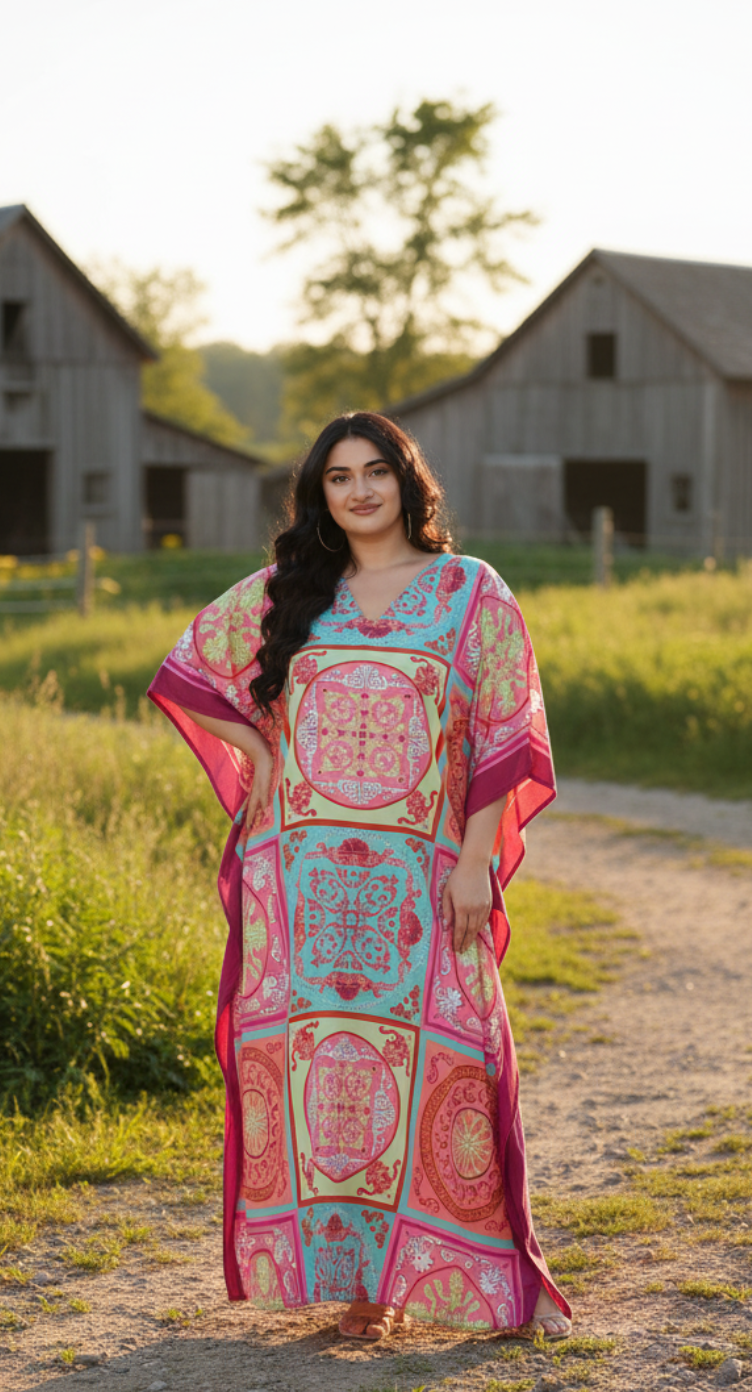 Floral Pink Polyester Plus Size Kaftan Dress For Women