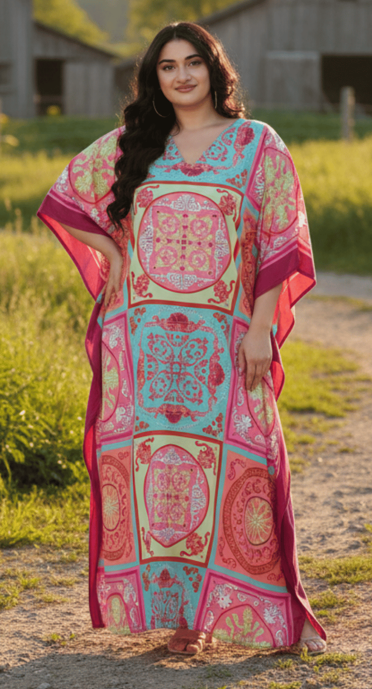 Pink and turquoise Moroccan tile patchwork print plus size kaftan with V-neck