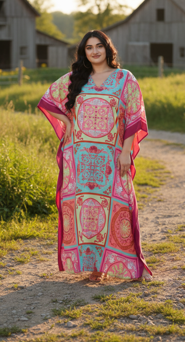 Floral Printed Pink Plus Size Polyester Kaftan Dress For Women