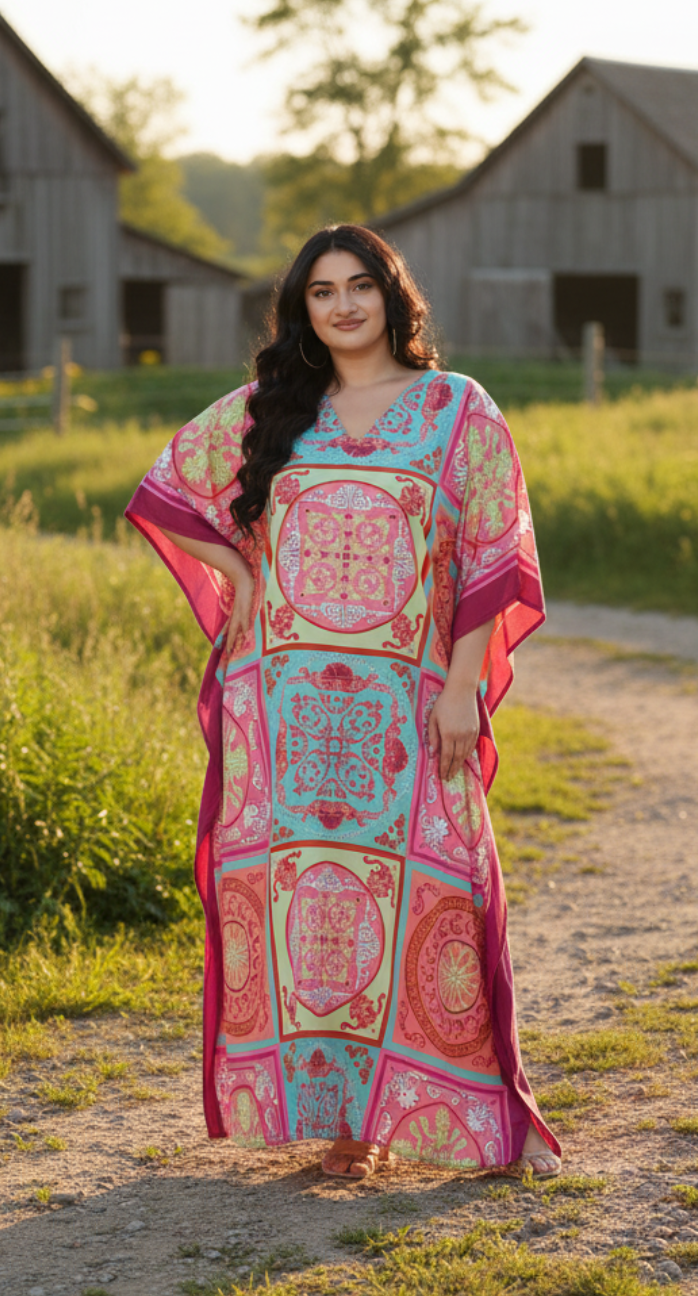 Floral Printed Pink Plus Size Polyester Kaftan Dress For Women