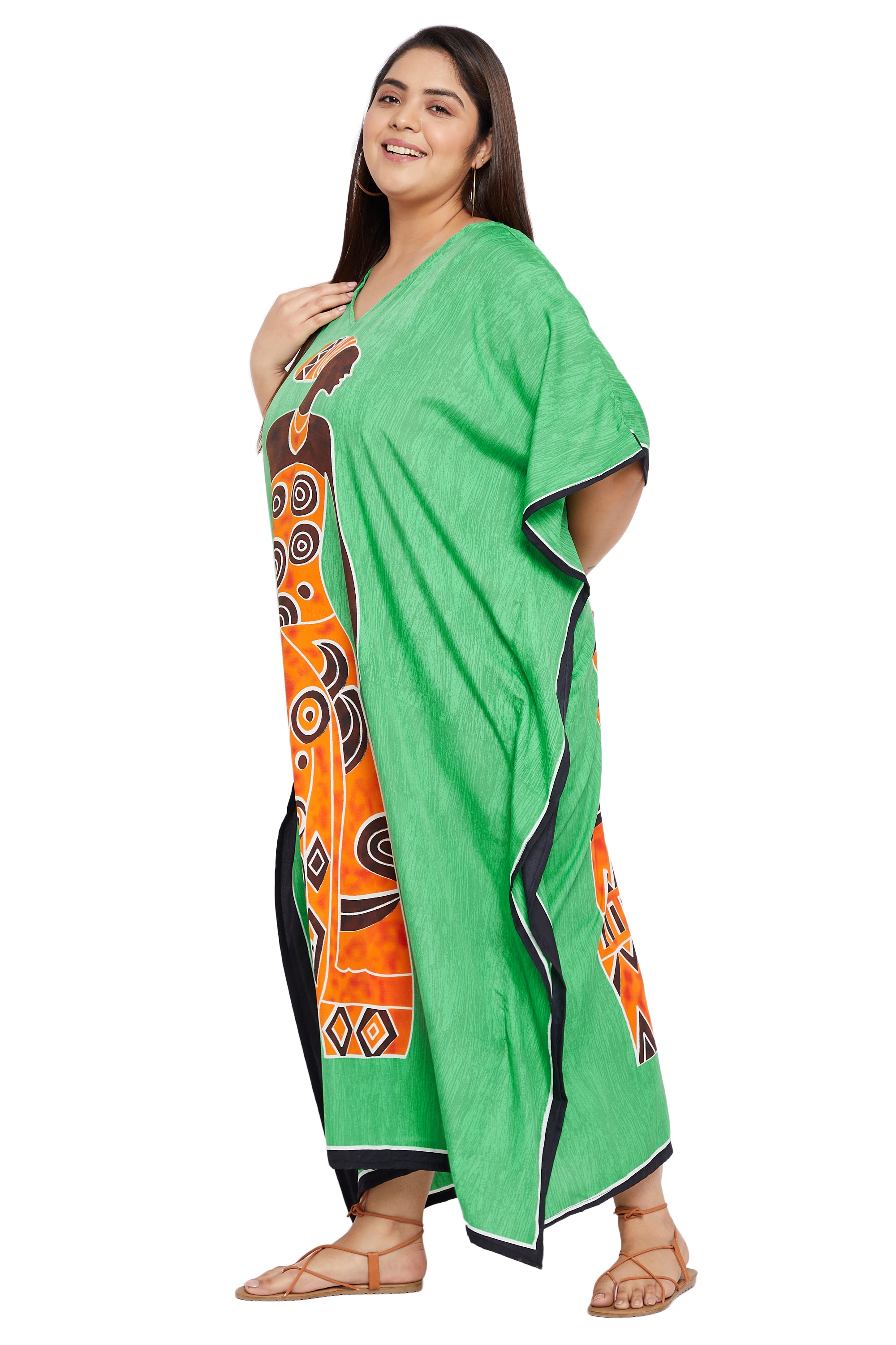 Green Polyester Kaftan Tribal Printed Plus Size Dress For Women