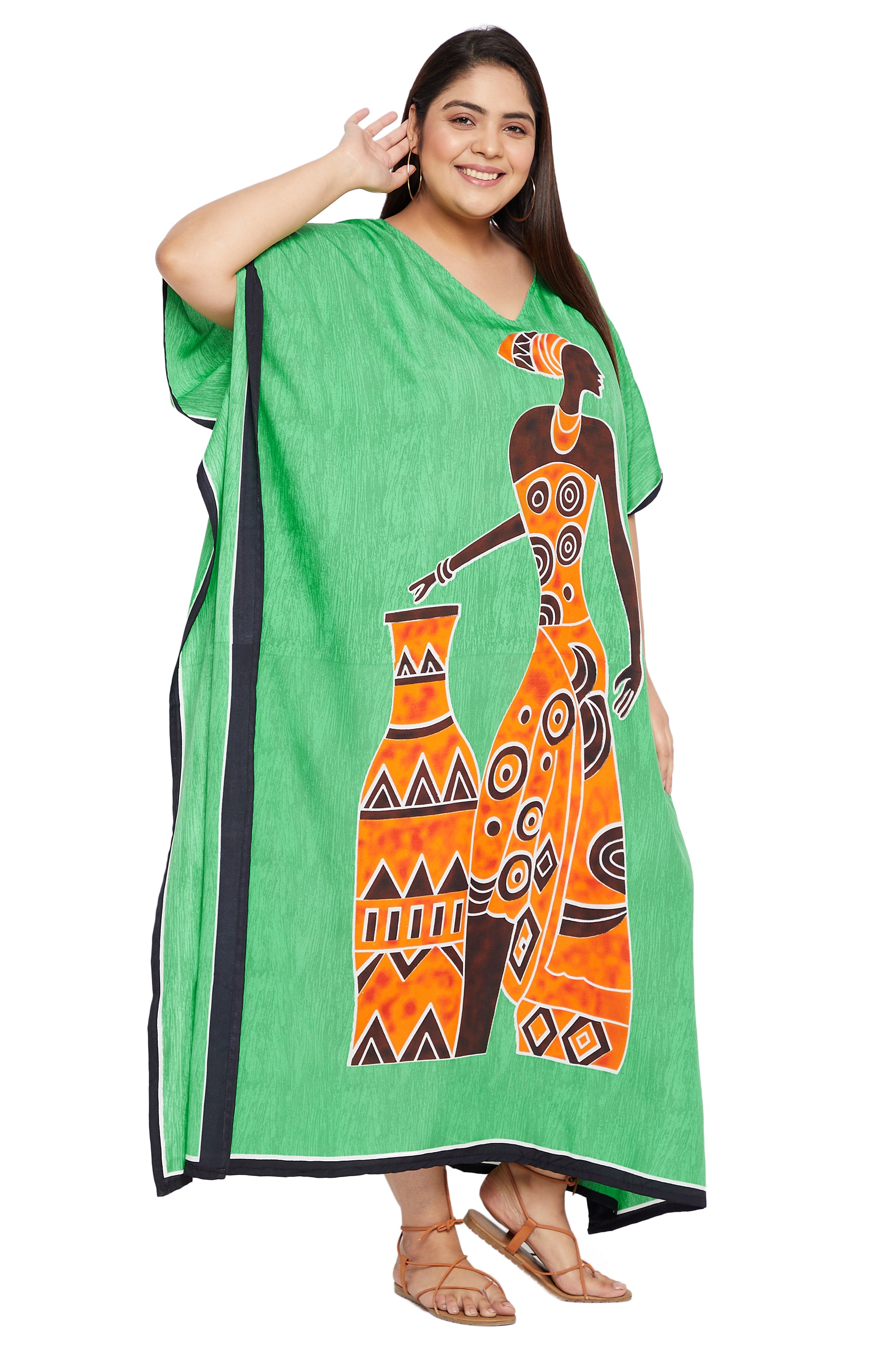 Green Polyester Kaftan Tribal Printed Plus Size Dress For Women