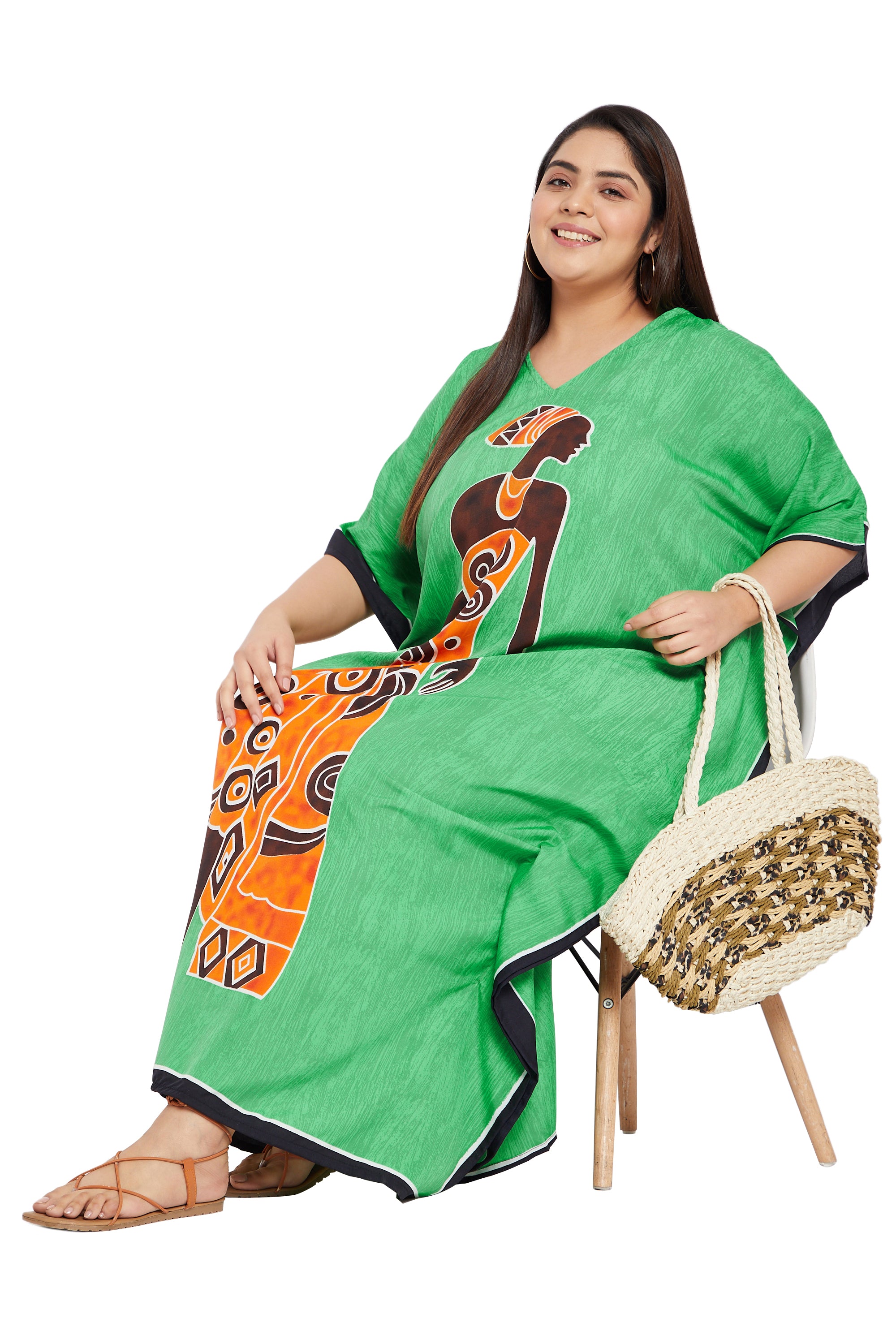 Green Polyester Kaftan Tribal Printed Plus Size Dress For Women