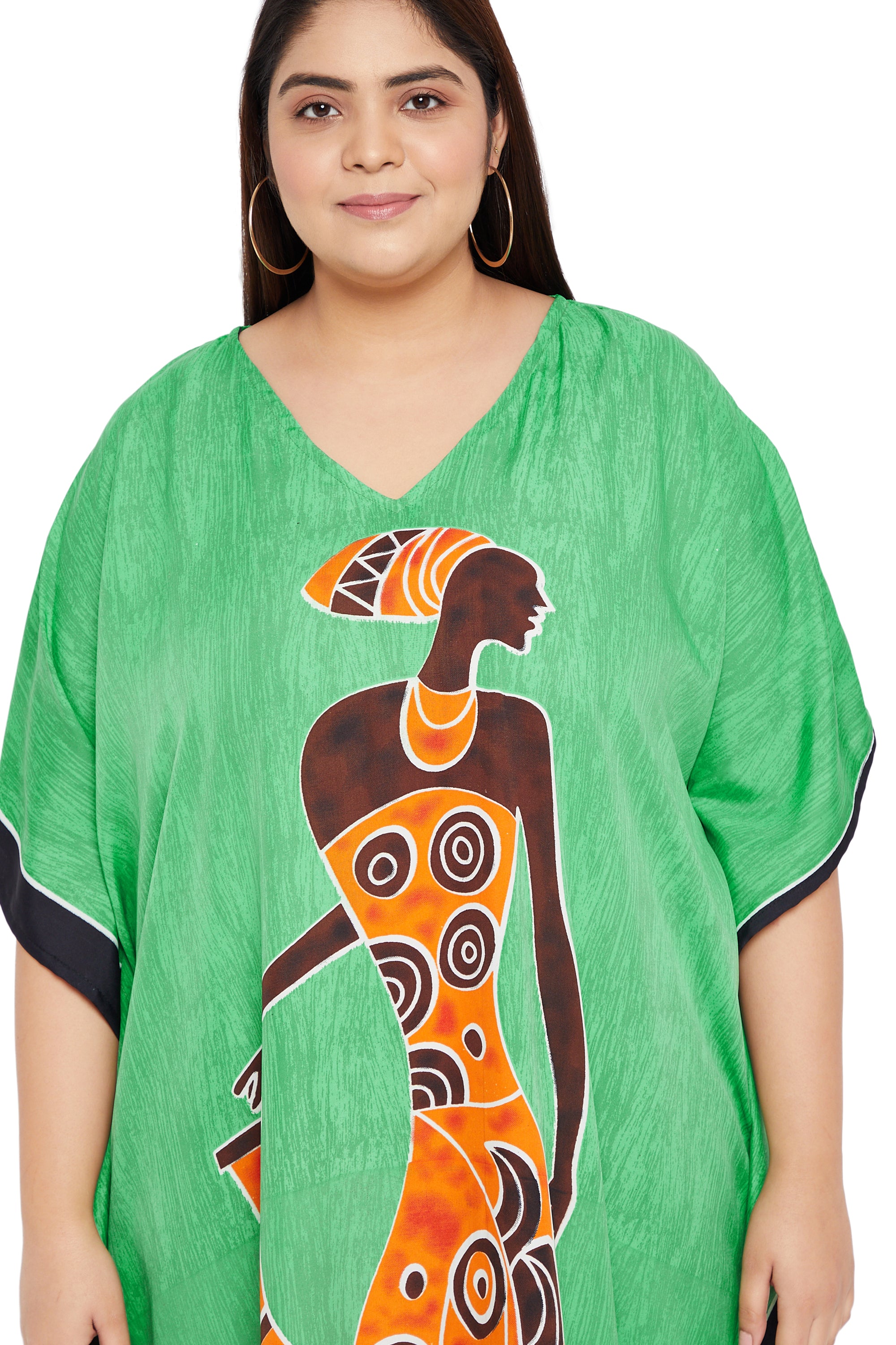 Green Polyester Kaftan Tribal Printed Plus Size Dress For Women
