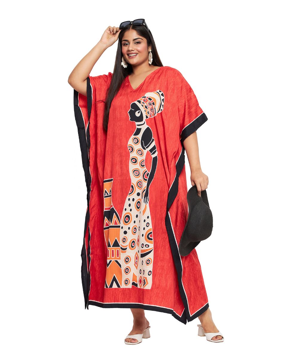Tribal Printed Red Polyester Kaftan Dress for Women